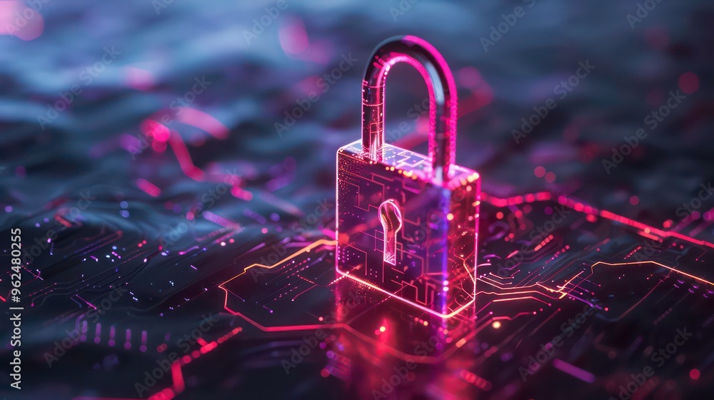 A glowing padlock on a circuit board with neon lights representing digital security. A glowing padlock on a circuit board with neon lights representing digital security.