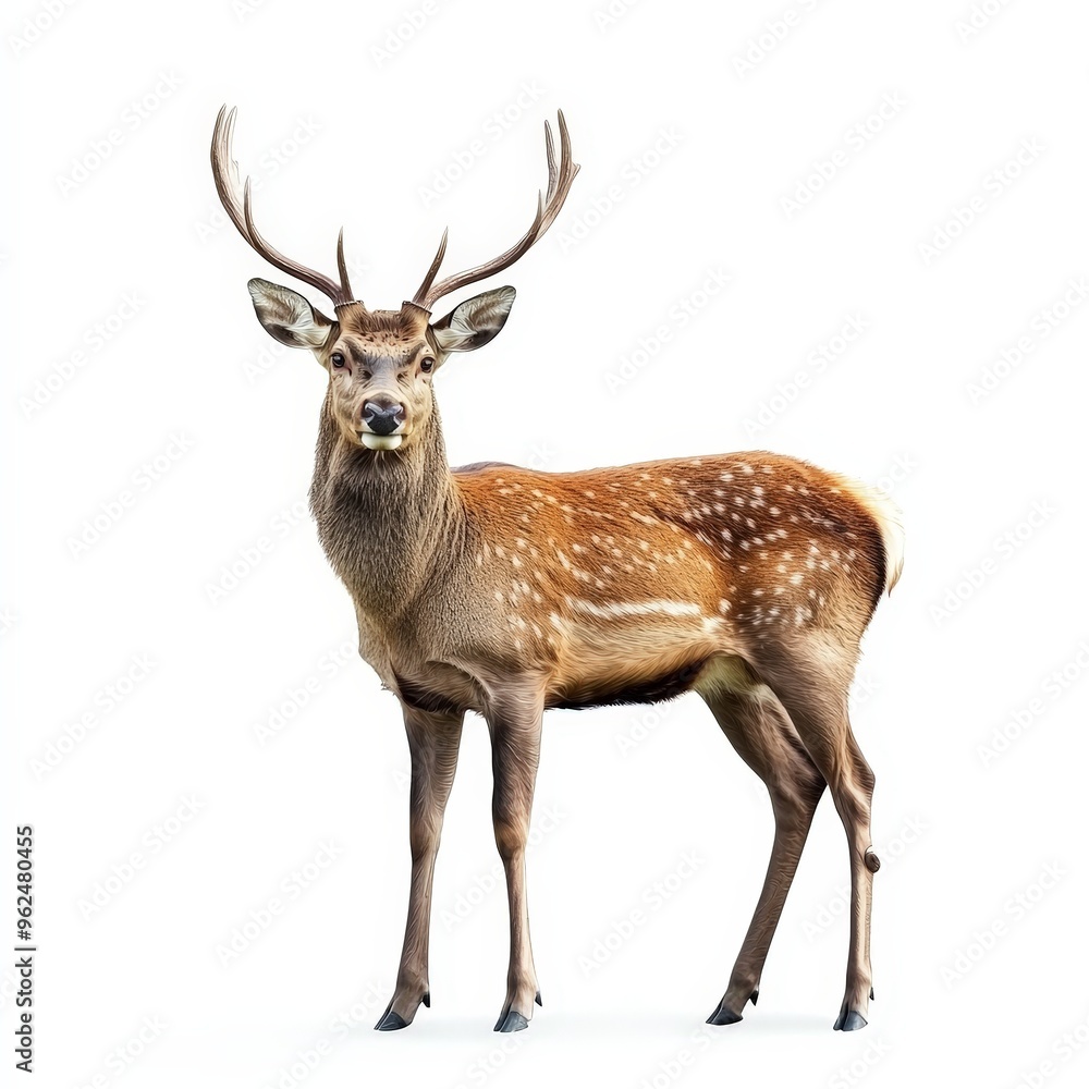A deer stands in front of a white background A deer stands in front of a white background