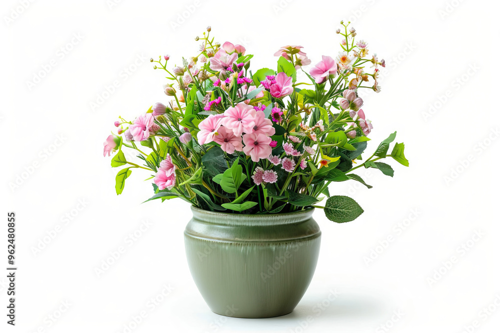 White artificial flowers in a glass vase, set on a table next to a lush green houseplant in a flowerpot. White artificial flowers in a glass vase, set on a table next to a lush green houseplant in a flowerpot.