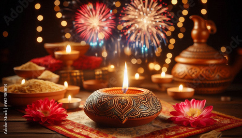 Diwali traditional candle diya with fireworks background photo