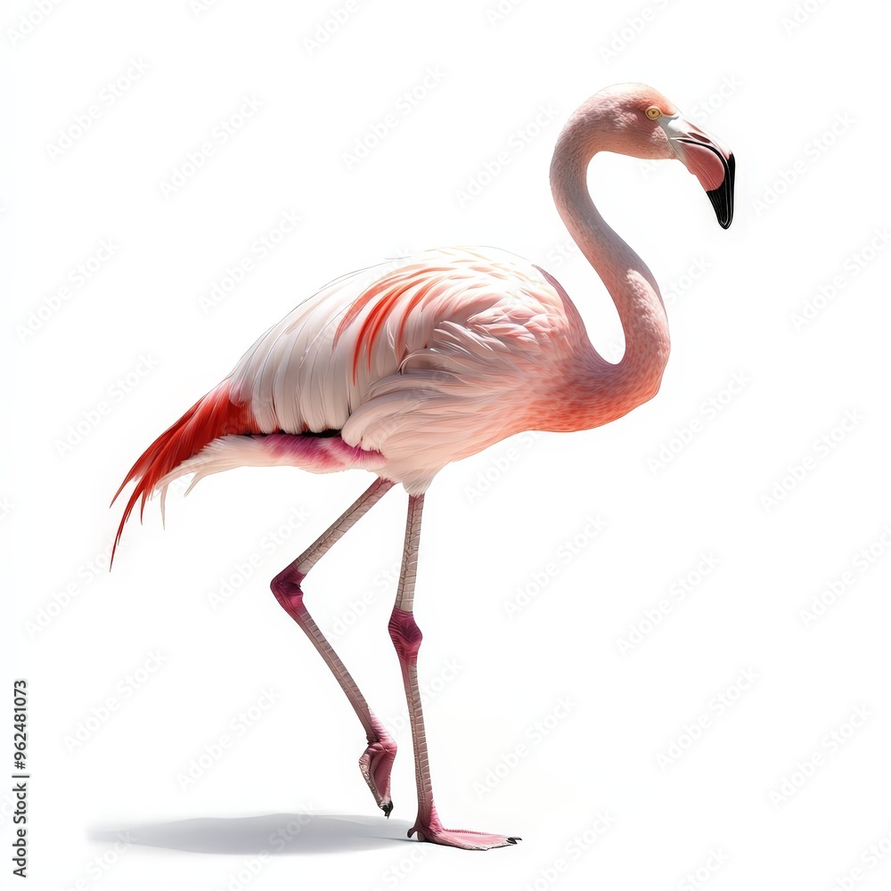 Fototapeta premium A pink flamingo is walking on a white background