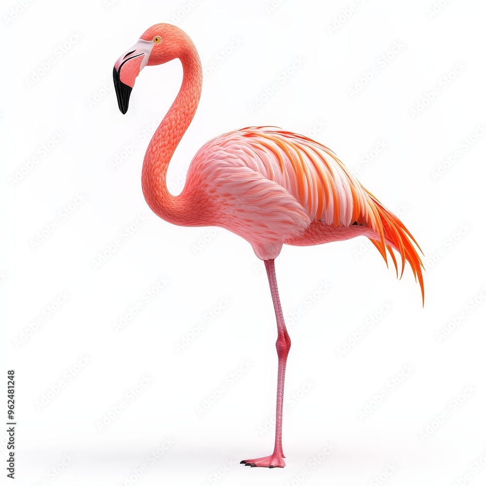 Obraz premium A pink flamingo stands on a white background