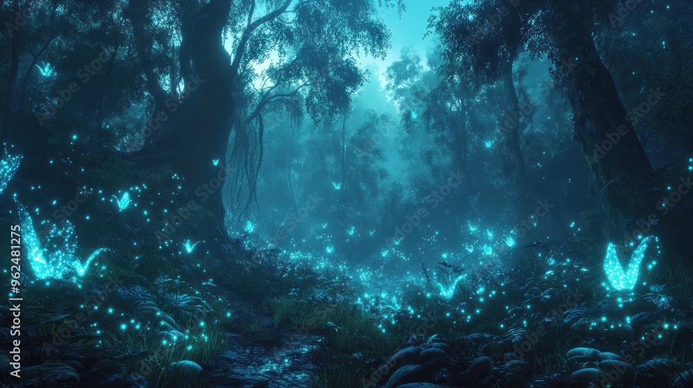 Obraz premium Enchanted Forest with Glowing Butterflies