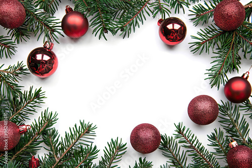 Red Christmas ornament hanging on a tree with white snowy background. photo