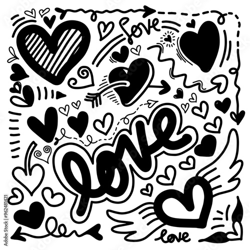 Set of heart shape doodle and love lettering isolated on white background.