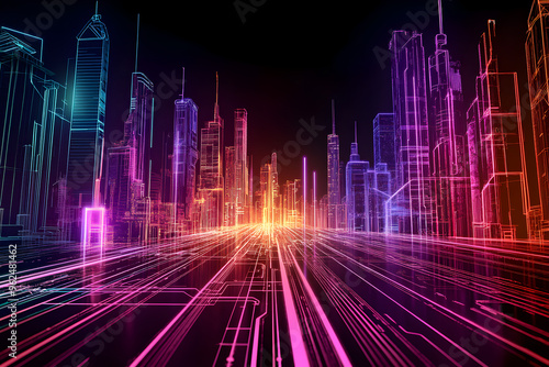 Neon cyberpunk cityscape outline isotated on black background.