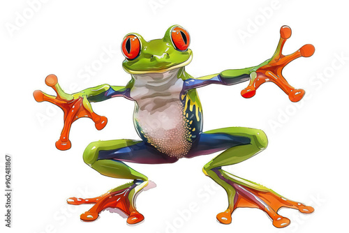 White cartoon frog with big eyes sitting on a lily pad in a pond. Iconic amphibian in a cute and whimsical style.