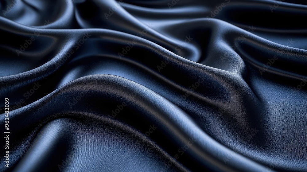 Fototapeta premium Smooth, flowing waves of luxurious dark blue satin fabric create a sophisticated and elegant background.