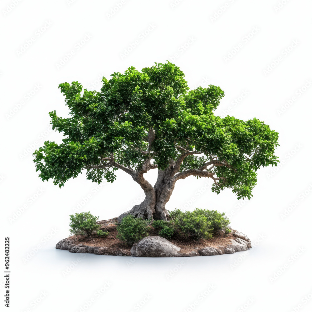 A lush green bonsai tree growing on a small rocky patch with shrubs, symbolizing nature and balance, isolated on white background. A lush green bonsai tree growing on a small rocky patch with shrubs, symbolizing nature and balance, isolated on white background.