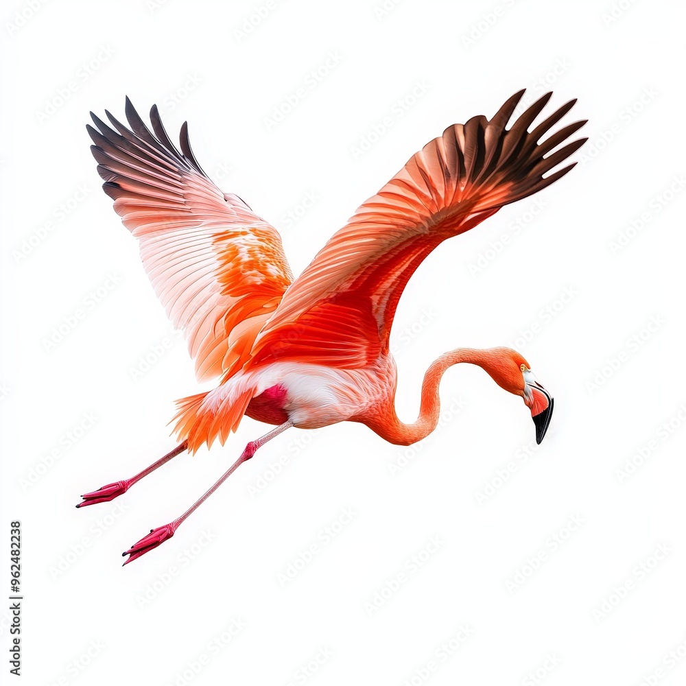 Fototapeta premium A flamingo is flying in the air with its wings spread wide