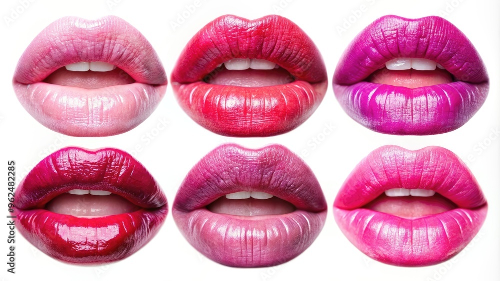 Obraz premium Close-up of pink lips showing different expressions isolated on white background, pink, lips, expressions, female, lipstick
