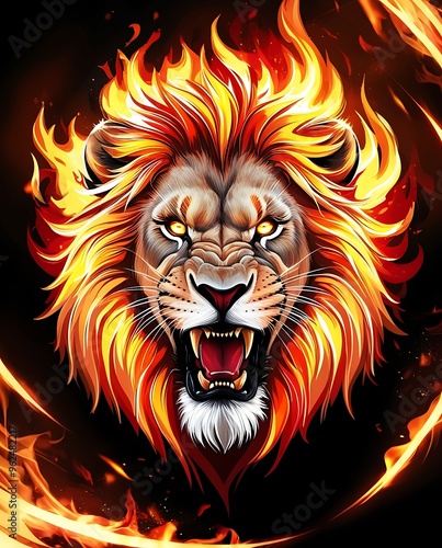 Ferocious Roaring Lion with Fiery Mane in Flaming Background, Majestic King of Beasts in 3D Digital Art, Symbolizing Power and Wild Nature 