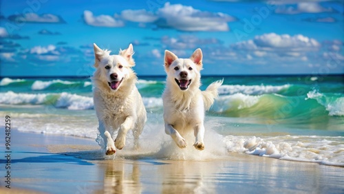 Fototapeta Naklejka Na Ścianę i Meble -  Two white medium-sized dogs running on the beach in the Caribbean Sea, Caribbean, beach, coast, dogs, pets, running, water