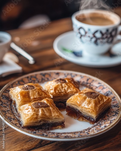 Traditional Baklava with Coffee on Wooden Table