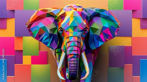A vibrant geometric elephant head wall art featuring a mosaic of bright colors and shapes. This modern and eye-catching piece is perfect for adding a bold statement to any room.