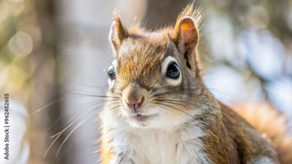 Obraz premium Close up view of a red squirrel , wildlife, nature, mammal, rodent, fluffy, cute, furry, forest, tree, small, adorable