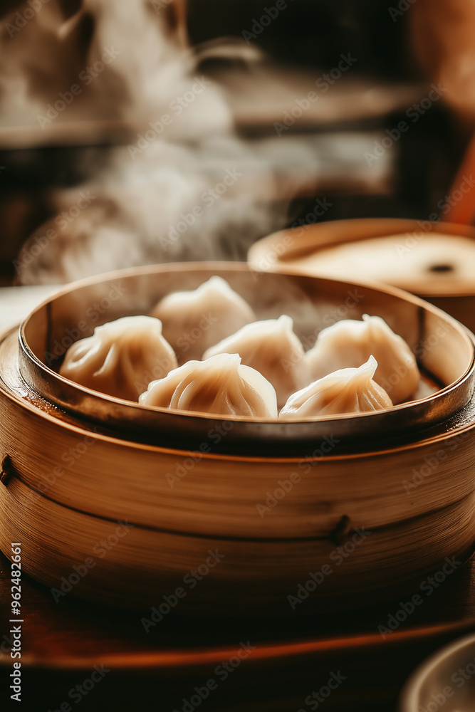 Steamed dumplings in bamboo steamer in yum cha Chinese restaurant, vertical image Steamed dumplings in bamboo steamer in yum cha Chinese restaurant, vertical image