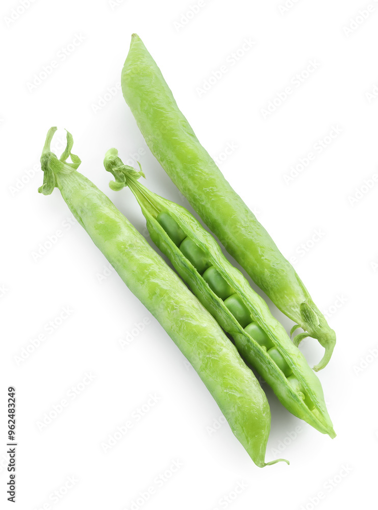 Green fresh peas and pods isolated on white, top view Green fresh peas and pods isolated on white, top view