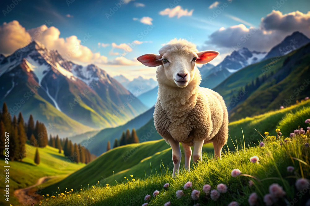 Fototapeta premium A Sheep Standing on a Mountainside With a View of Snowy Peaks