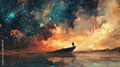 A Lone Figure Contemplates the Cosmos from a Boat