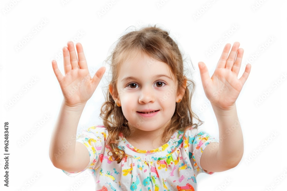 Smiling child raised palms indicates joyful dining time. Playful innocence defines child's meal home happy hands. Smiling child raised palms indicates joyful dining time. Playful innocence defines child's meal home happy hands.