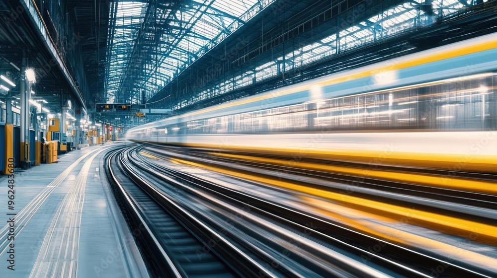 A dynamic scene capturing the speed of a train in motion, showcasing modern railway infrastructure and vibrant urban energy. A dynamic scene capturing the speed of a train in motion, showcasing modern railway infrastructure and vibrant urban energy.