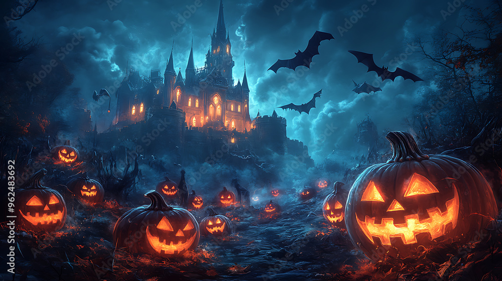Halloween Background with Jack-o'-Lanterns, Bats, and a Haunted Castle Halloween Background with Jack-o'-Lanterns, Bats, and a Haunted Castle