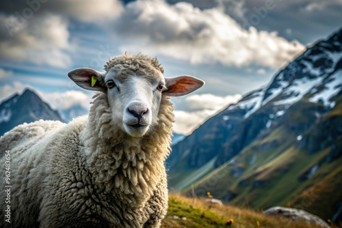 Close-up of a White Sheep in a Mountainous Landscape photo