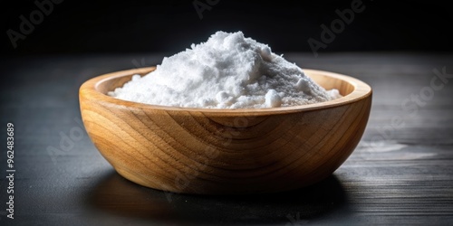 Close-up of wooden bowl filled with sodium bicarbonate on black background , sodium bicarbonate photo