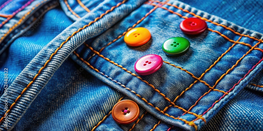 Close-up of colorful and stylish buttons on a denim jacket, fashion, accessory, sewing, garment, design, detail Close-up of colorful and stylish buttons on a denim jacket, fashion, accessory, sewing, garment, design, detail