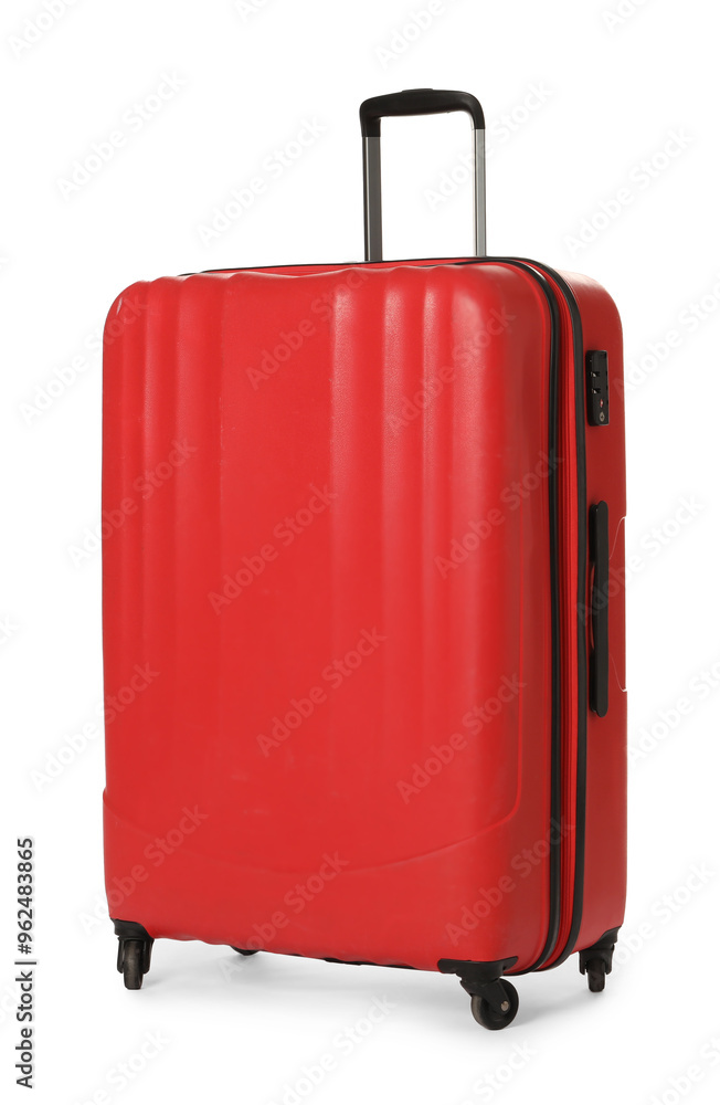 One new red suitcase isolated on white One new red suitcase isolated on white