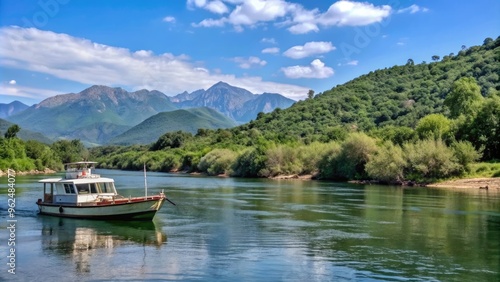 Boat floating on river with mountains in background, boat, river, mountains, nature, serene, tranquil, landscape, water