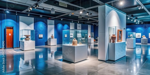 Clear stand mockup in modern museum with terracotta accents, showcasing contemporary art exhibitions, mock-up, museum