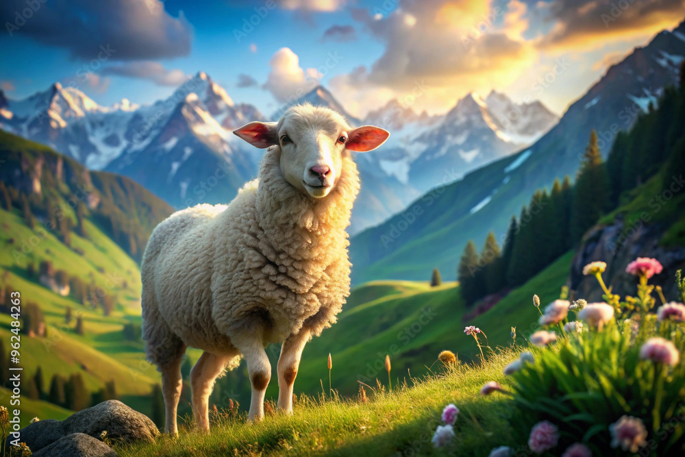 Fototapeta premium Sheep Standing in a Mountainous Meadow at Sunset
