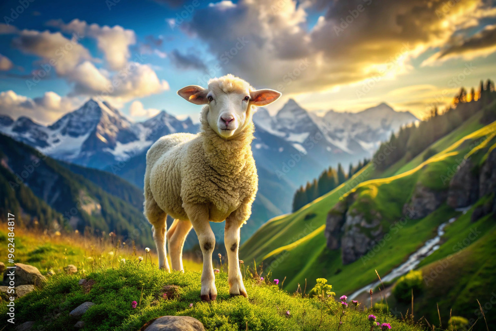 A lone sheep standing on a mountainside with a backdrop of snow-capped mountains and a sunset sky. A lone sheep standing on a mountainside with a backdrop of snow-capped mountains and a sunset sky.