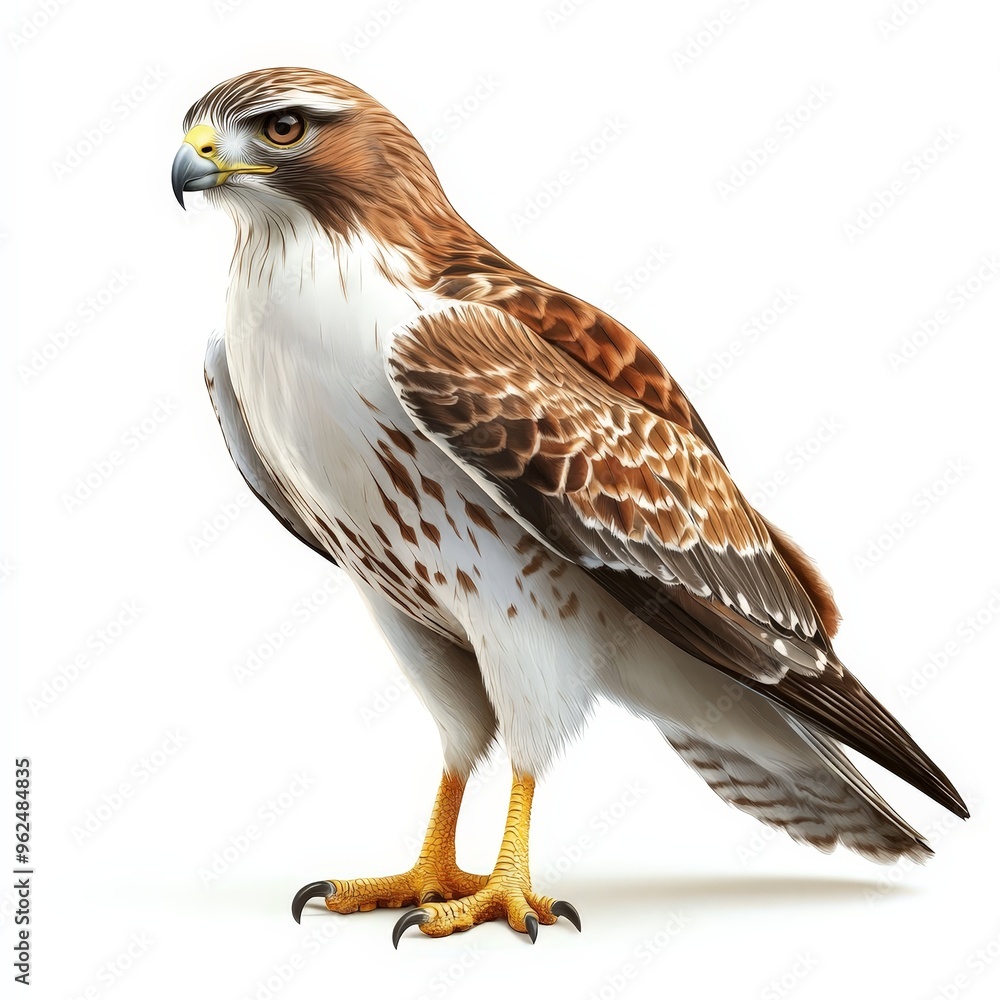 A large brown and white bird with yellow feet stands on a white background A large brown and white bird with yellow feet stands on a white background