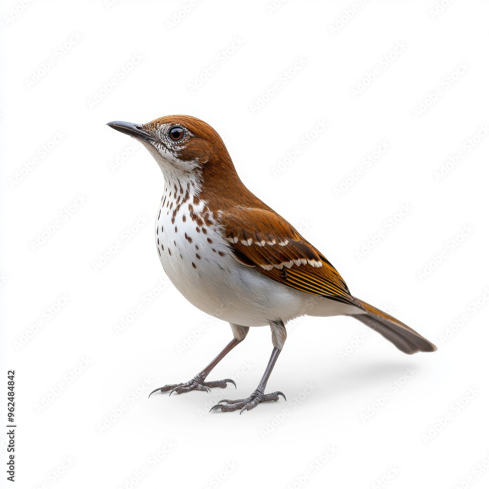 A detailed close-up of a small brown and white bird standing alone, isolated on a plain white background. A detailed close-up of a small brown and white bird standing alone, isolated on a plain white background.