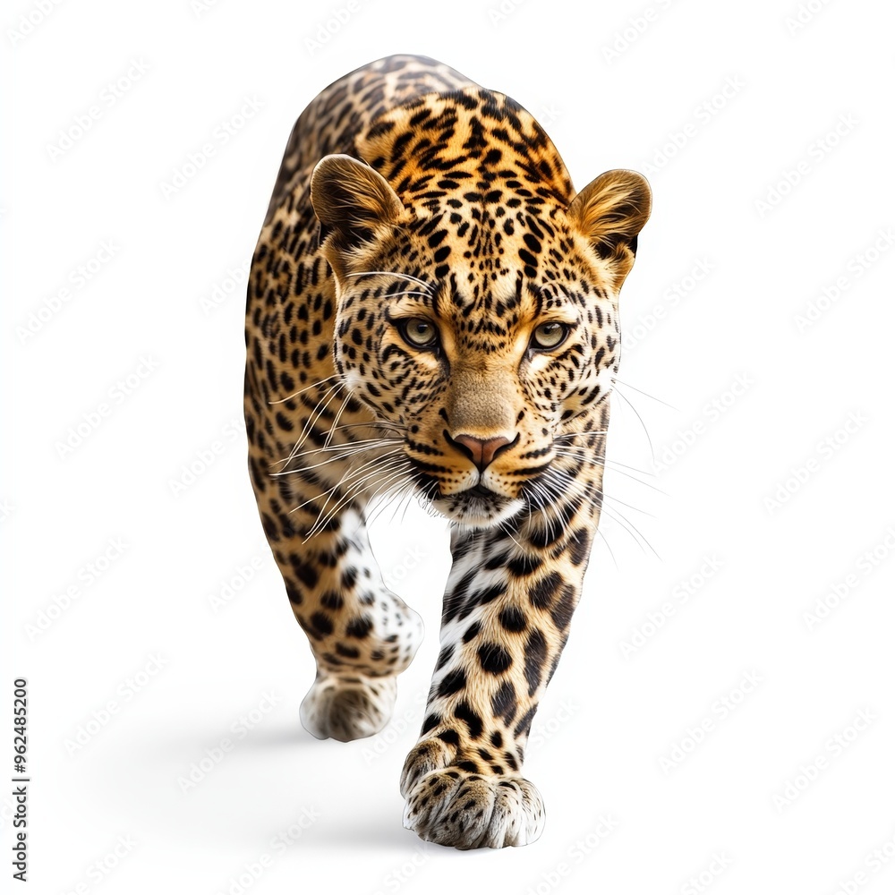 A leopard is walking on a white background A leopard is walking on a white background