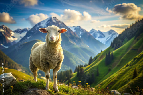 A Sheep Standing on a Mountainside with Snowy Peaks in the Background