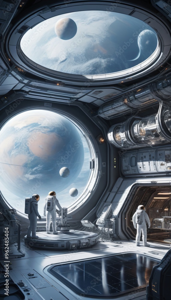 Station Spatiale Futuriste avec Astronautes et Planètes Lointaines Station Spatiale Futuriste avec Astronautes et Planètes Lointaines