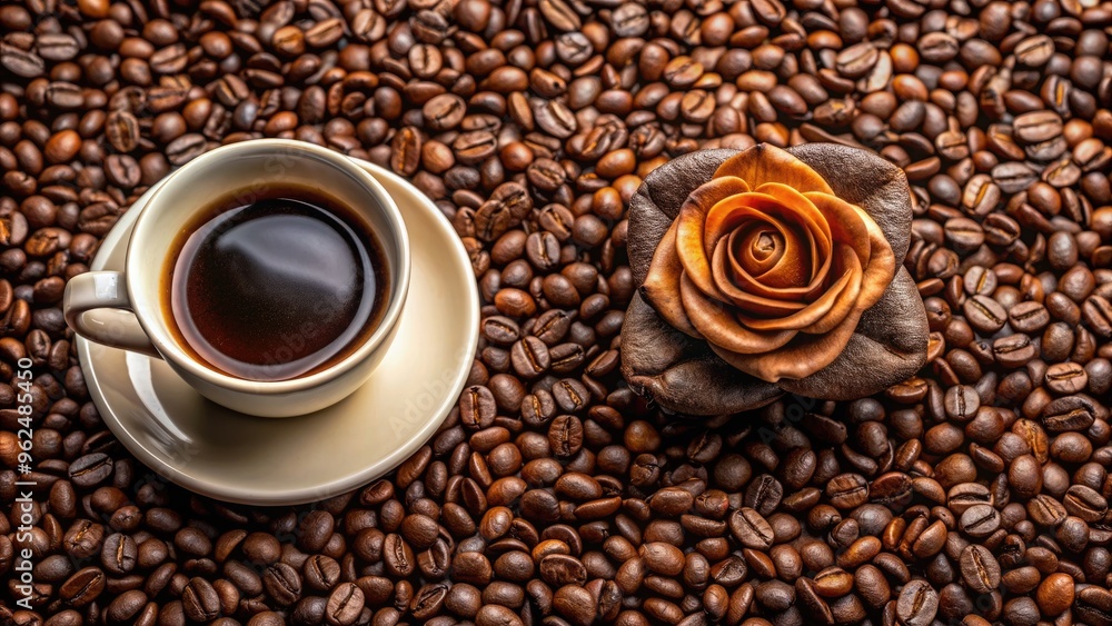 Fototapeta premium A cup of coffee surrounded by coffee beans and a brown rose flower, coffee, drink, beans, flower, caffeine, aroma, beverage