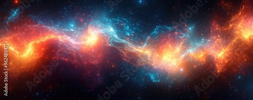 Abstract cosmic nebula with vibrant orange and blue colors, creating a dramatic and ethereal display of energy and light.