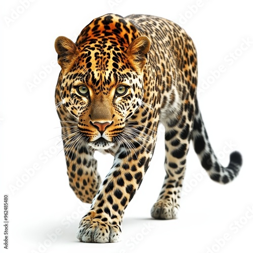 A leopard is walking on a white background