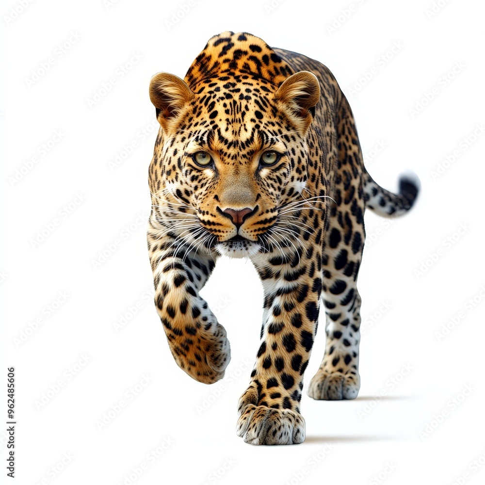 A leopard is walking on a white background A leopard is walking on a white background