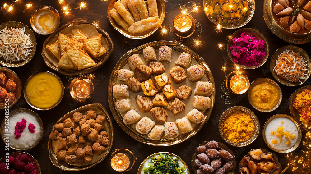 A table full of food with many different dishes and bowls. Scene is festive and celebratory, as it is a table set for a special occasion or holiday A table full of food with many different dishes and bowls. Scene is festive and celebratory, as it is a table set for a special occasion or holiday