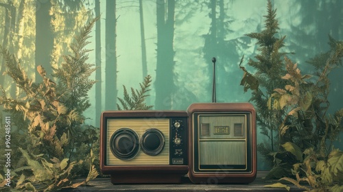 Vintage Radio in a Misty Forest