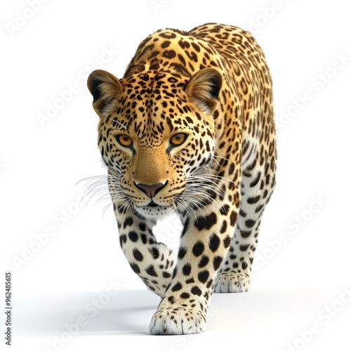 A leopard is walking on a white background