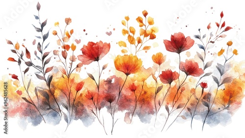 Fototapeta Naklejka Na Ścianę i Meble -  A watercolor painting of a field of flowers with a white background