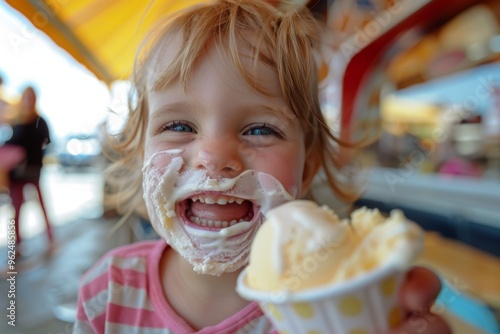 Charming young girl short golden hair and sweet smile. Ice cream brings laughter to this child's day. Pure delight of nature's beauty reflected child's laughter.