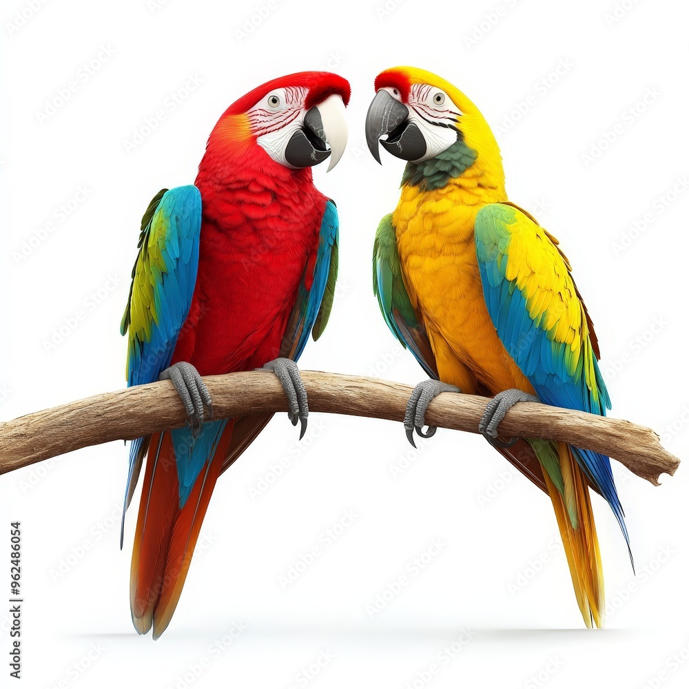 Fototapeta premium Two parrots are perched on a branch, one red and one yellow